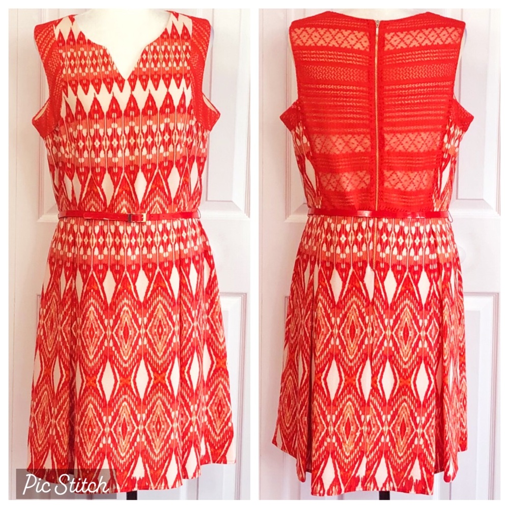 Dressbarn Red & Cream Boho Ikat Lace Sleeveless Pleated Dress w/ Belt 14